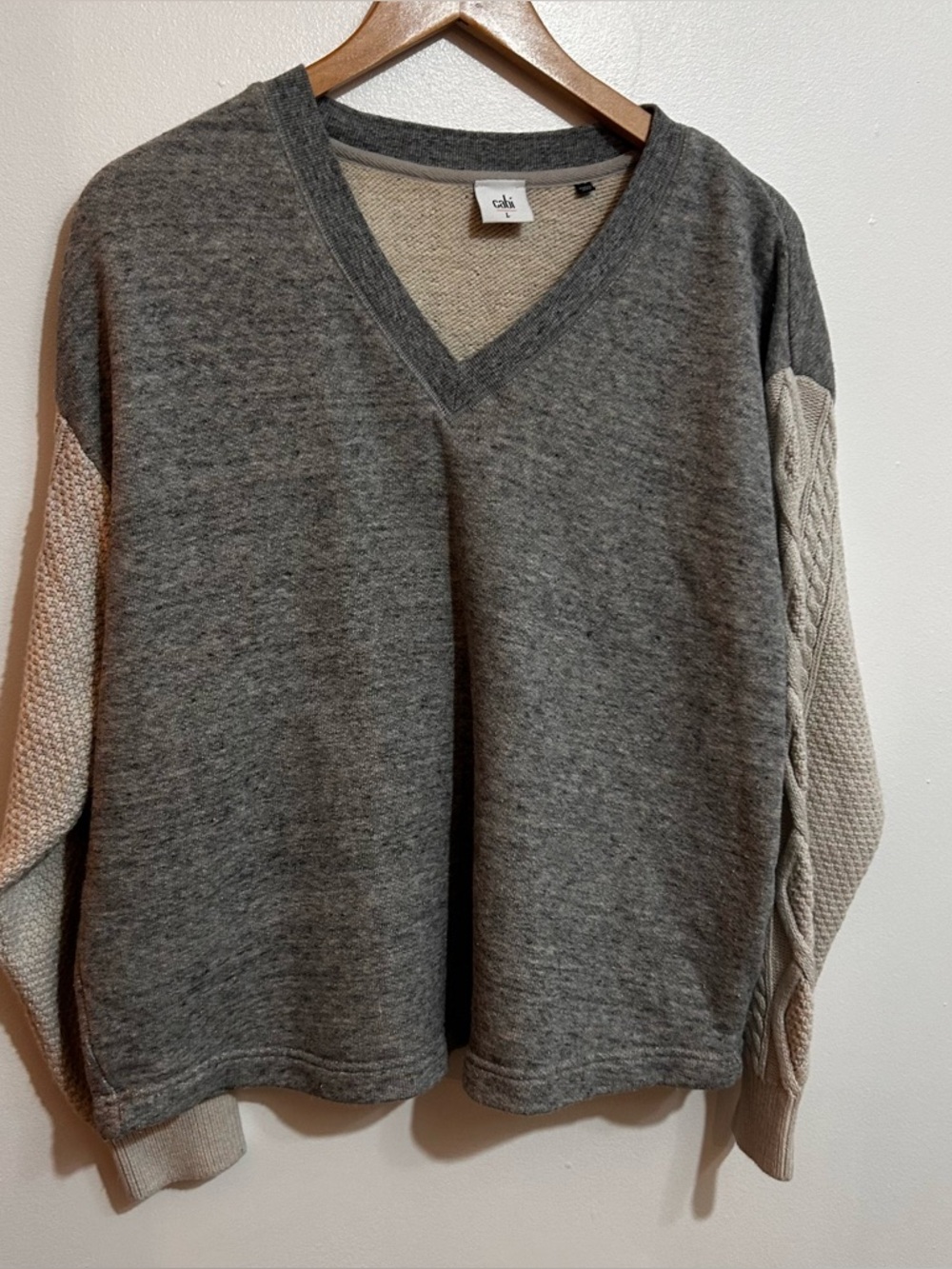 Cabi Cozy Two-Tone V-Neck Sweater - Gray & Cream